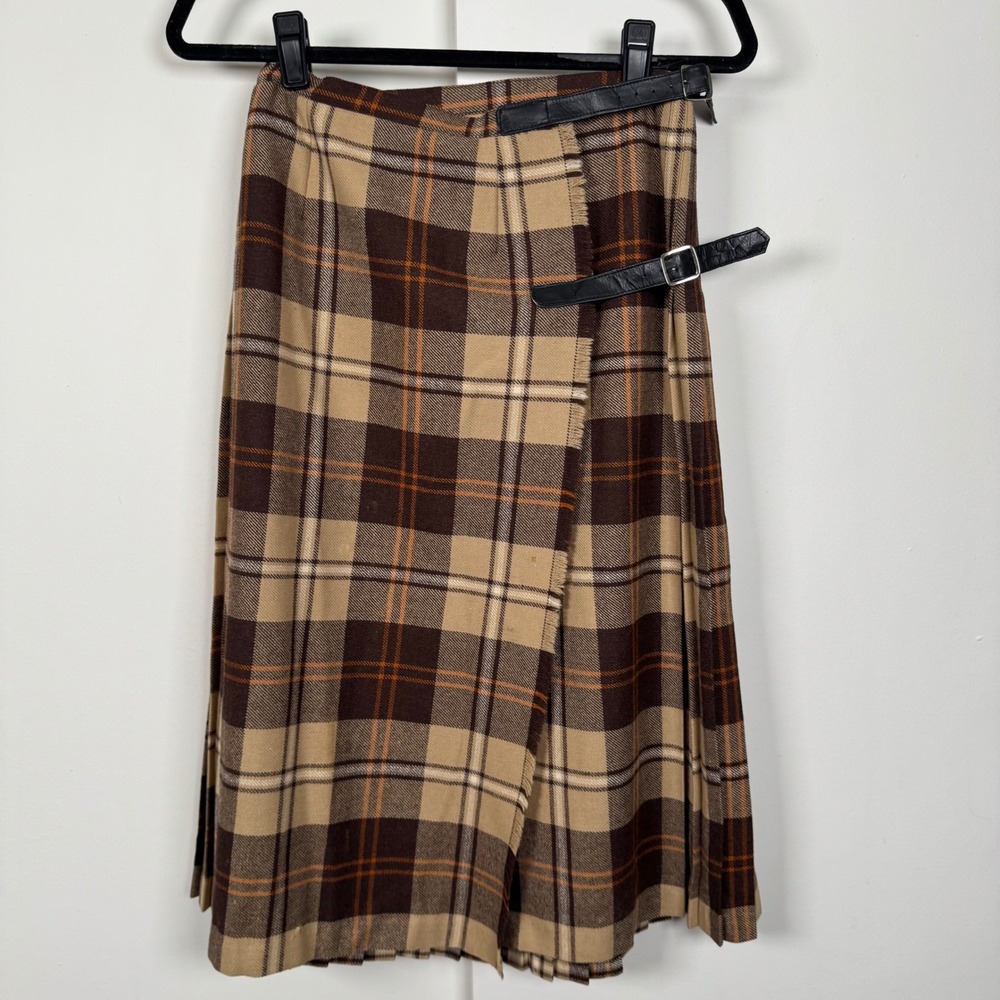 Vintage Plaid Wrap Kilt Skirt Brown Tan Pleated Midi Adjustable Waist 26-30